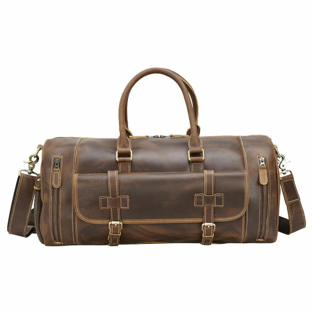 Leather Gym Bag With Shoe Compartment for Men in Brown