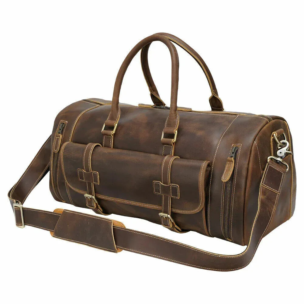 Leather Gym Bag With Shoe Compartment for Men in Brown
