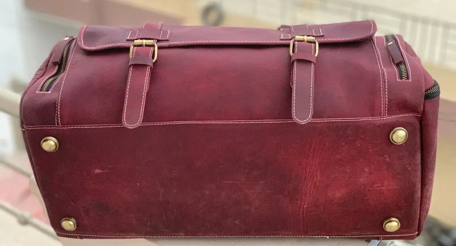 Red leather weekender bag mens genuine leather travel duffle
