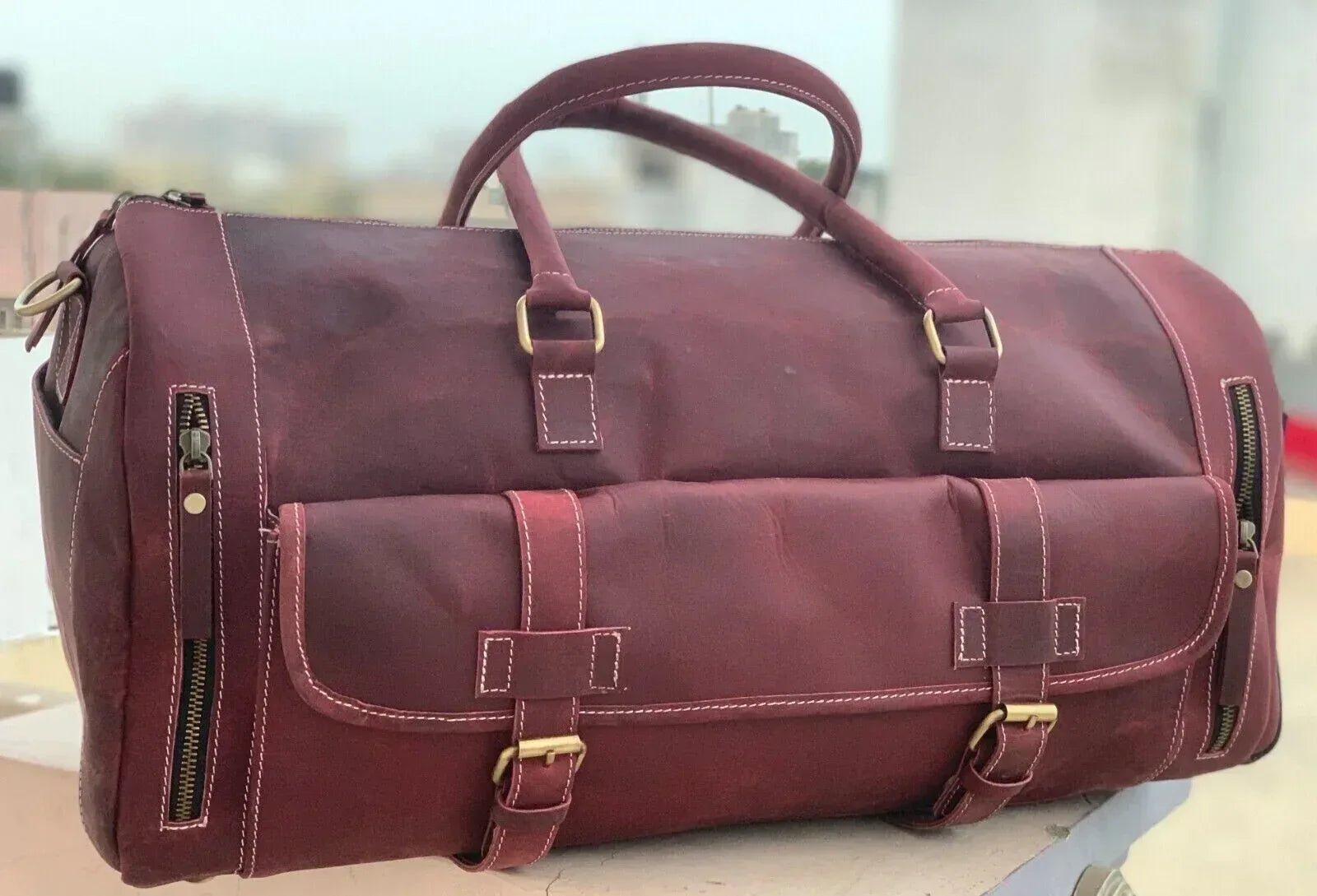 Red leather weekender bag mens genuine leather travel duffle