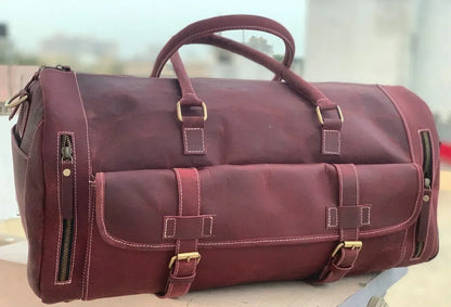 Red leather weekender bag mens genuine leather travel duffle
