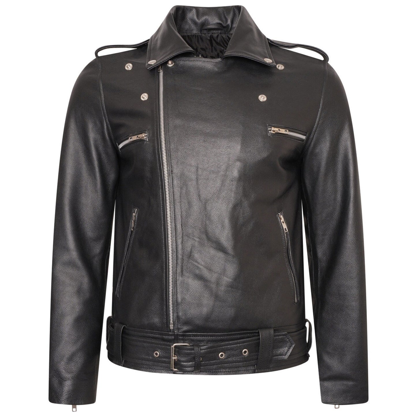 Stylish black leather jacket for men, featuring a cropped fit and asymmetrical zipper.