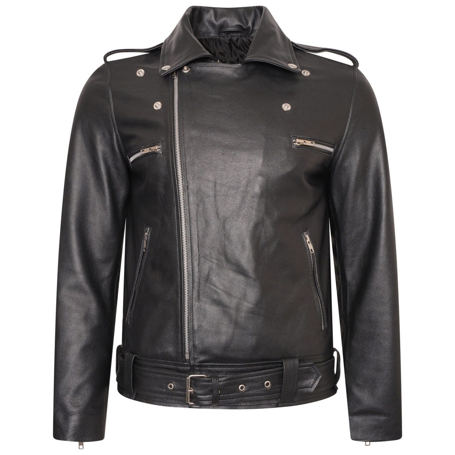 Stylish black leather jacket for men, featuring a cropped fit and asymmetrical zipper.