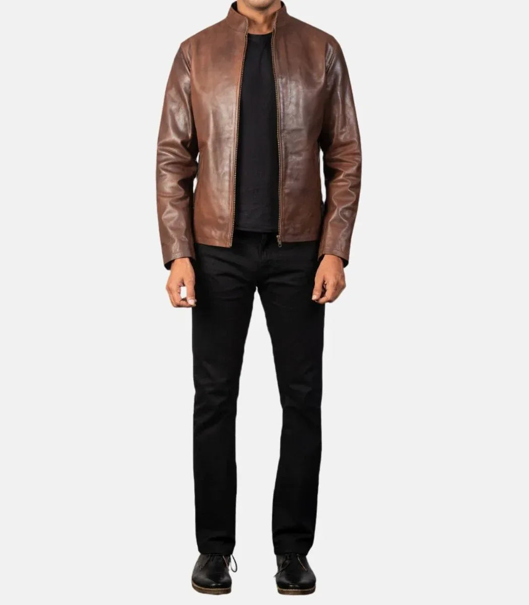 Modern leather jacket mens brown cowhide
