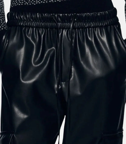 women genuine leather pants slim fit elastic waist black jogger