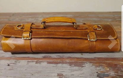 Handmade Leather Knife Roll Carrier for Chefs Travel Storage Case Tan Brown