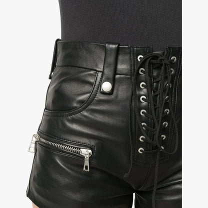 Handmade Lace up zip leather shorts