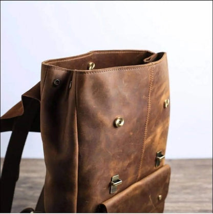Brown cowhide leather backpack rucksack laptop travel
