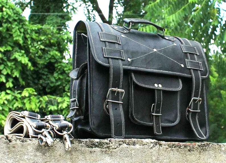 Leather Messenger Backpack Convertible Cowhide Laptop Bag