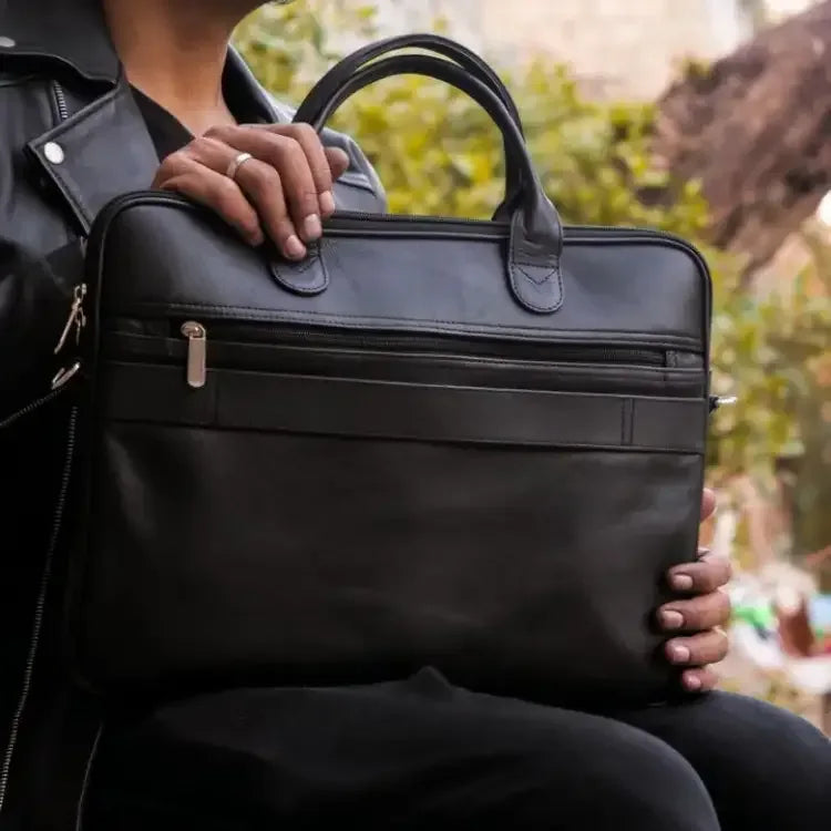 Cowhide Leather Laptop Bag With Trolley Sleeve Briefcase
