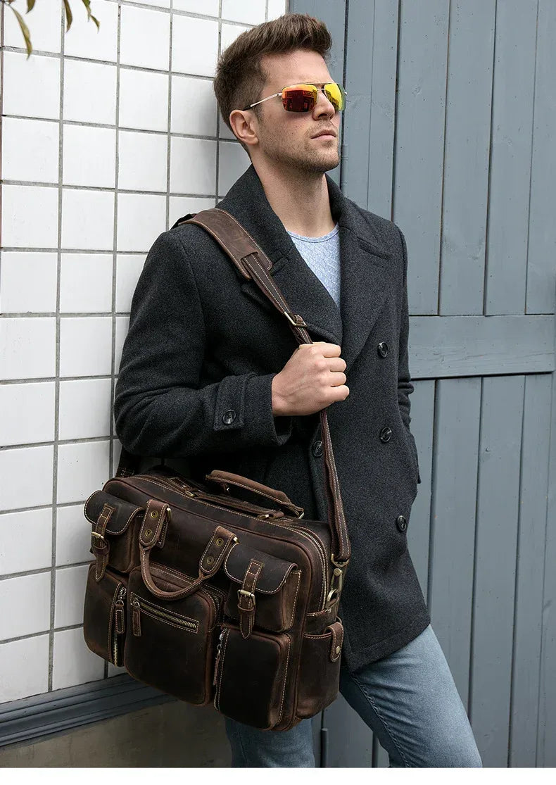 Leather Laptop Messenger Bag for Men with Business Travel Storage