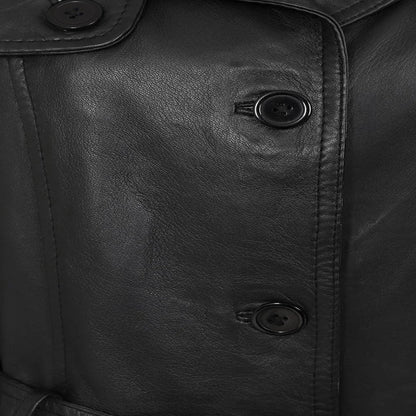 Women Black Leather Genuine Long Coat