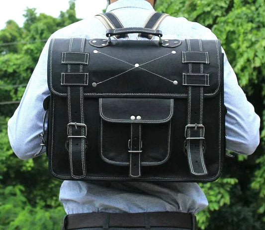 Leather Messenger Backpack Convertible Cowhide Laptop Bag