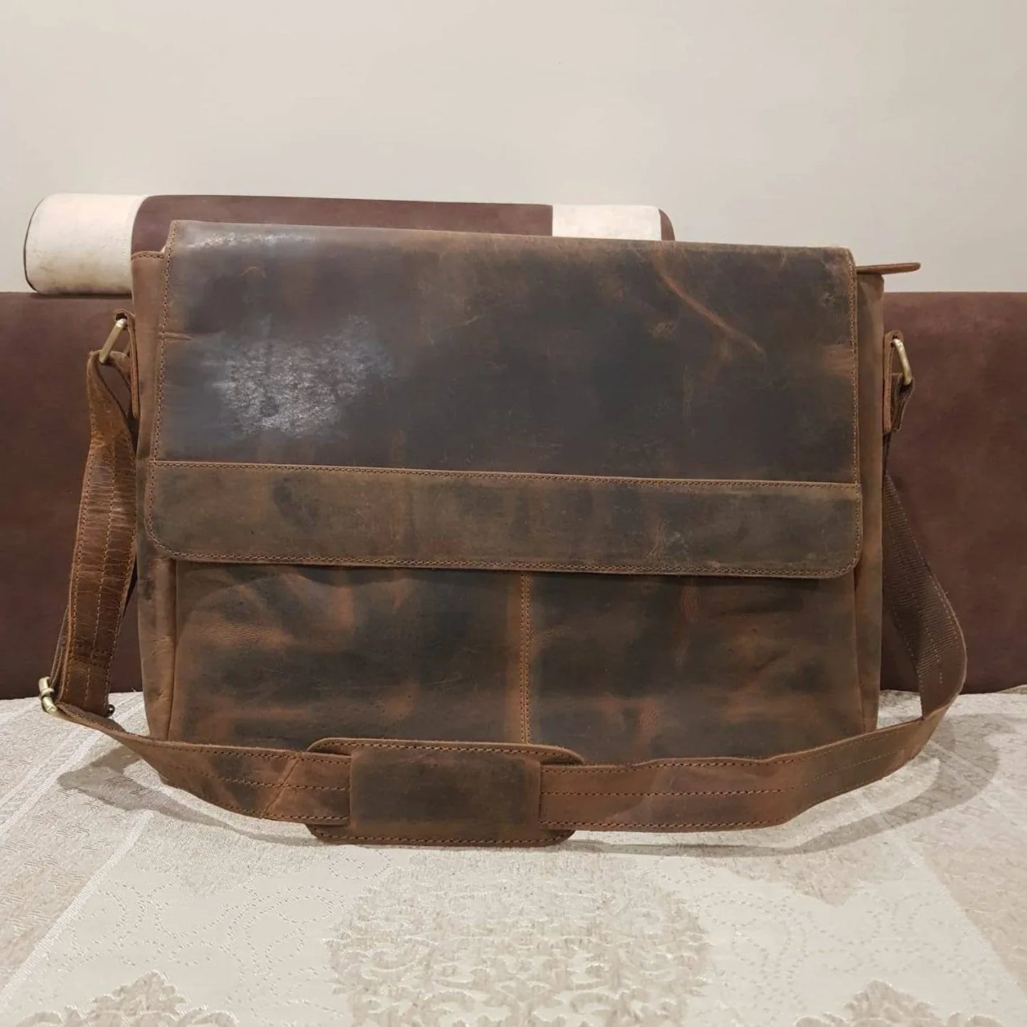 Leather Messenger Bag for Men 15 Inch Laptop