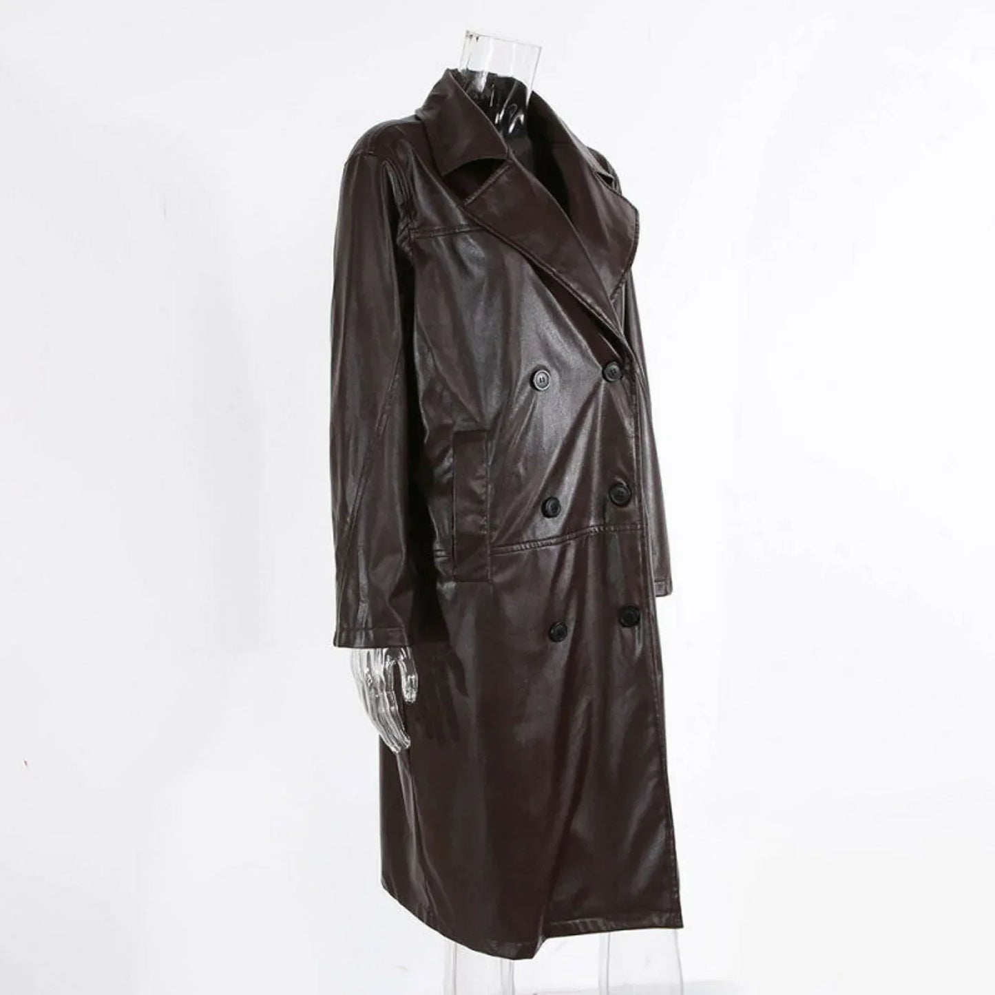 Womens Brown Leather Trench Coat Long Double Breasted