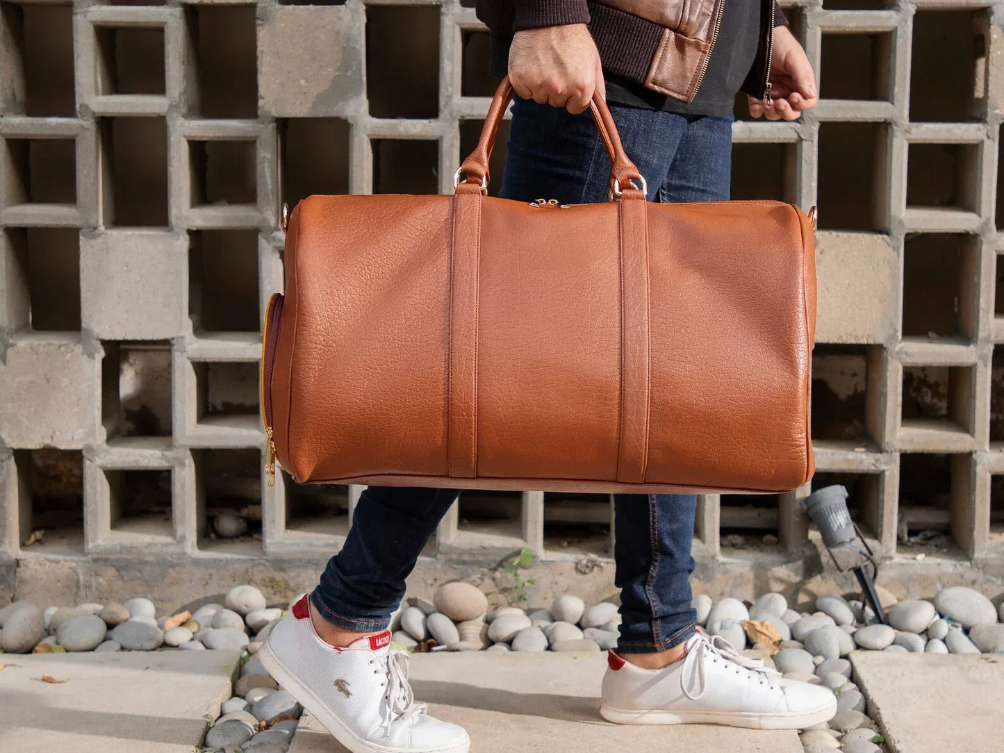 Genuine leather travel bag mens leather duffle overnight carry