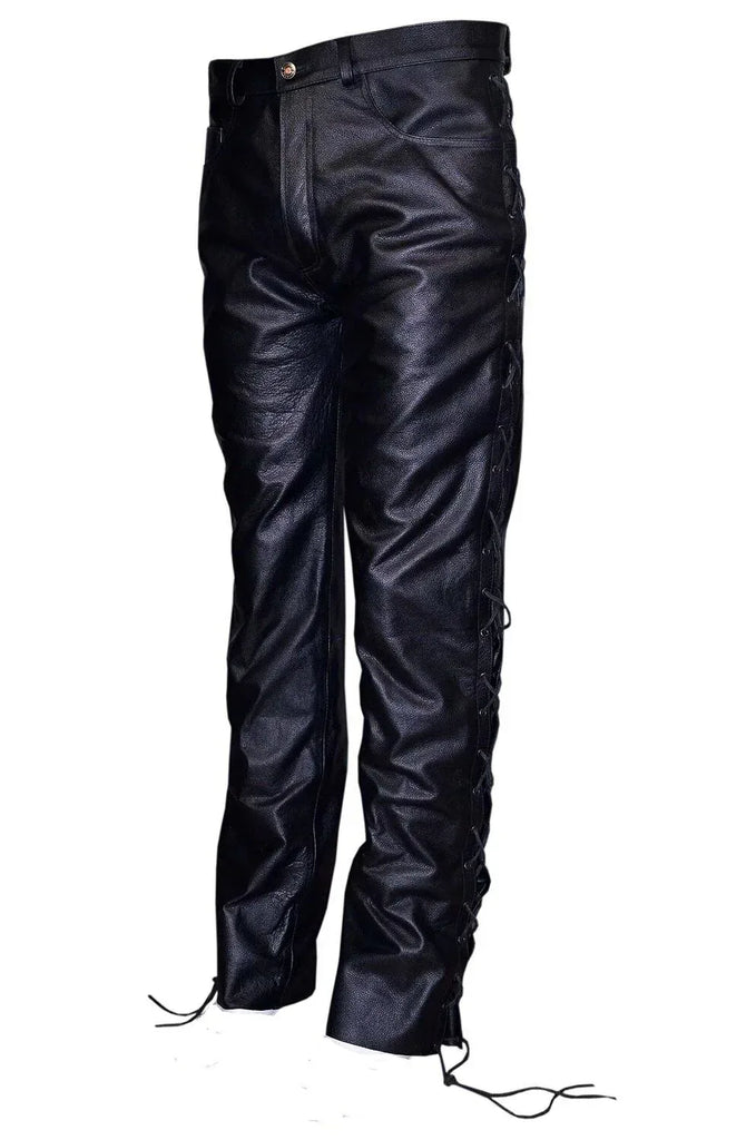 Laced leather pants real black biker pants with lace up sides for men