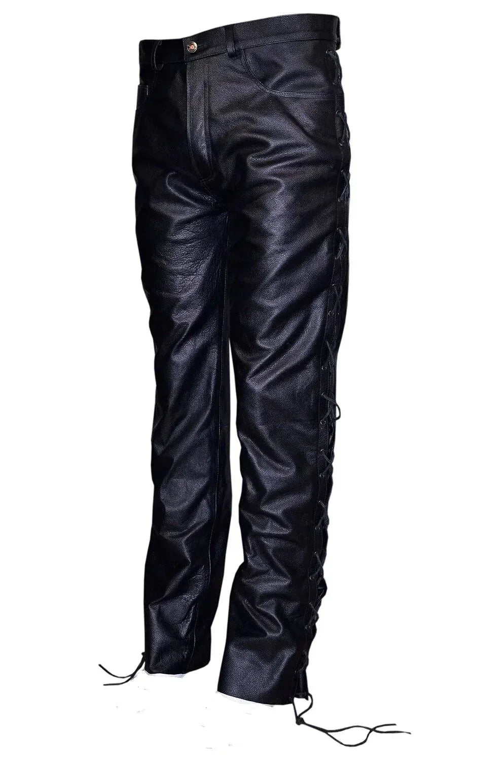 Laced leather pants real black biker pants with lace up sides for men