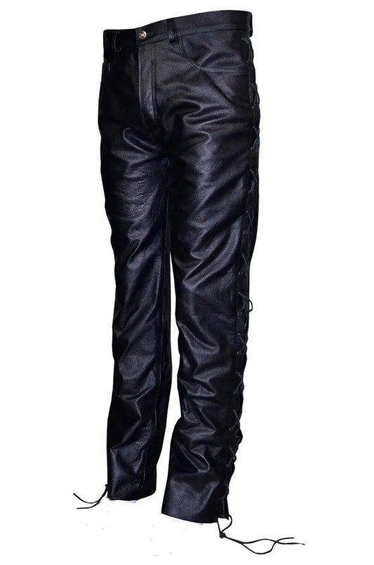 Laced leather pants real black biker pants with lace up sides for men