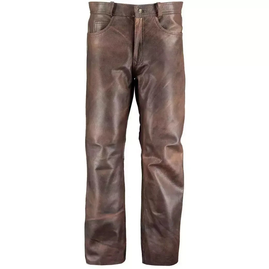 leather pants men brown biker distressed slim fit motorcycle style