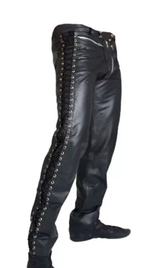 leather pants mens side lace up biker style with slim fit structure