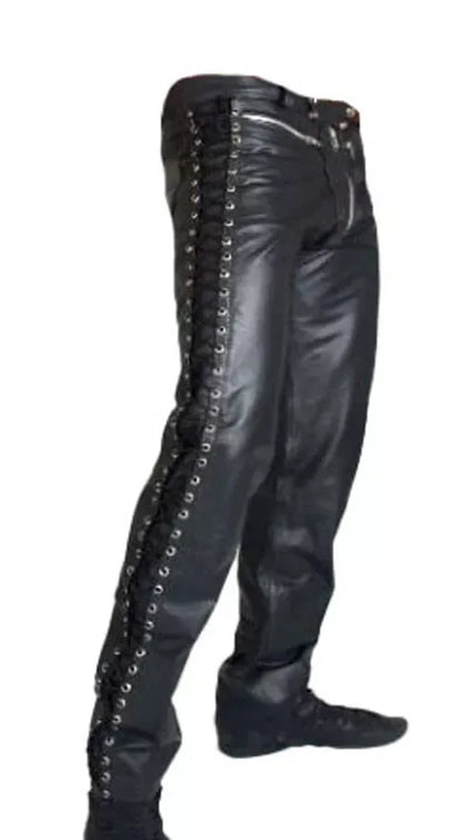 leather pants mens side lace up biker style with slim fit structure