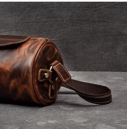 Small Barrel Duffel Bag in Brown Genuine Leather for Men