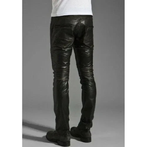 Men’s real leather skinny fit biker pants Motorcycle