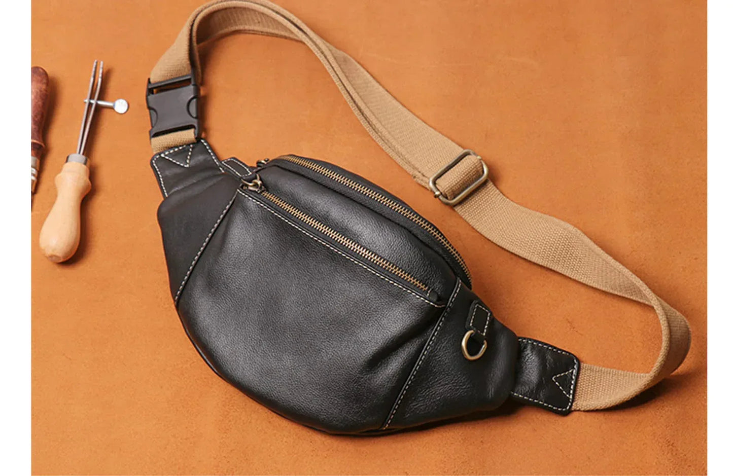 Mens Leather Sling Bag Black Crossbody Leather Sling Bag