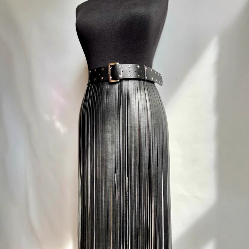 Black leather fringe maxi skirt with studded waist belt