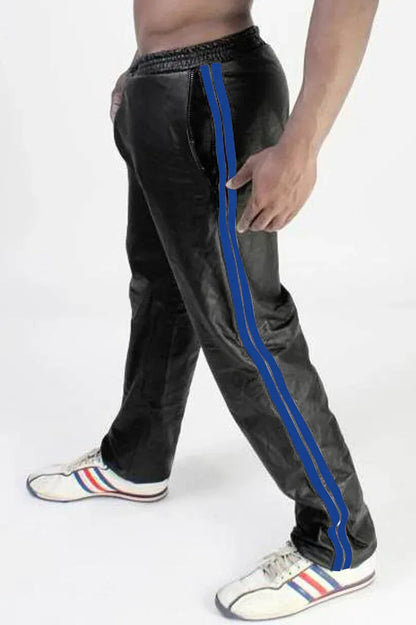 Men leather sweatpants with elastic waist stripe