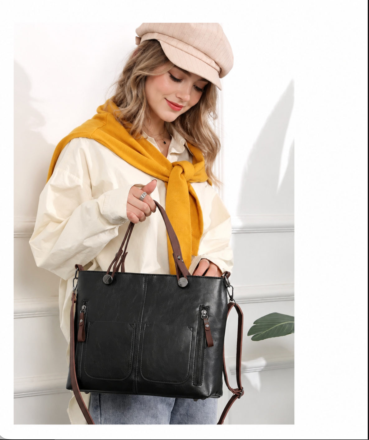 Women’s Leather Tote Bag with Multiple Pockets