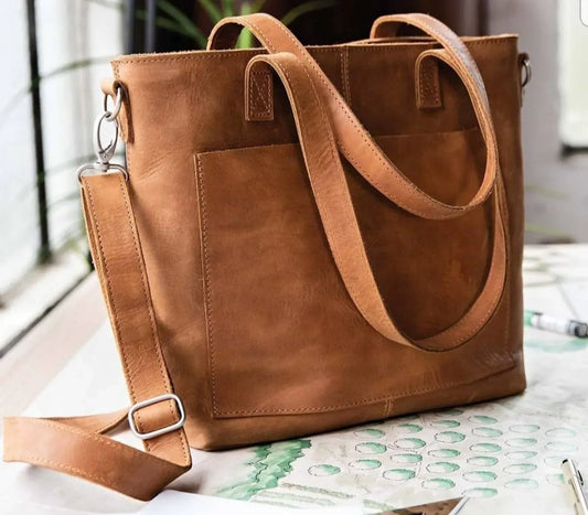 Leather Tote Bag with Zipper for Women Daily Carry