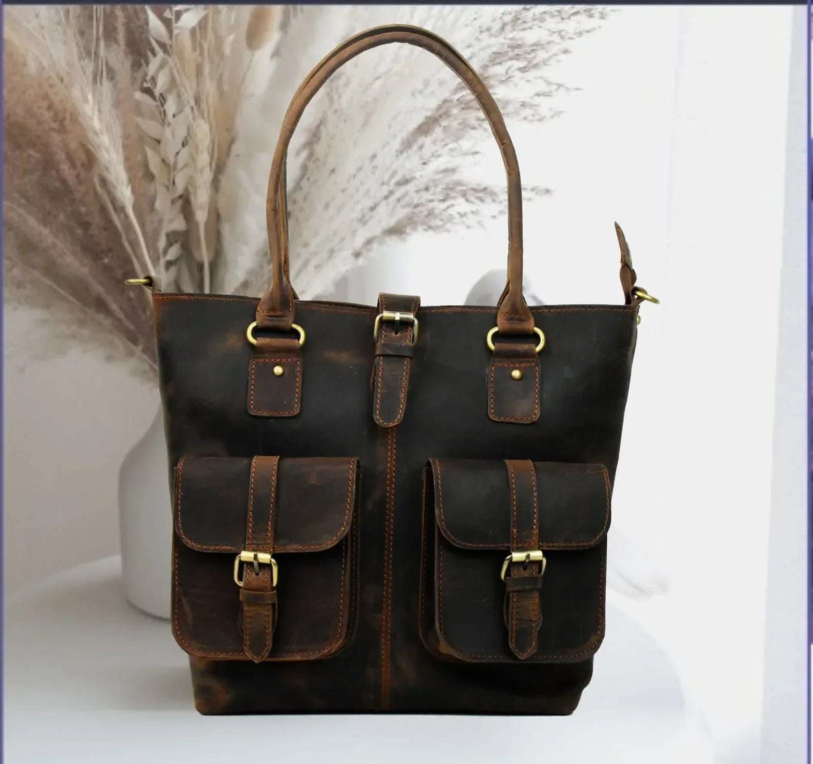 Leather Tote With Compartments For Women Large Organizer Bag