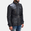 Stylish black leather jacket for men, featuring zippered pockets and a high collar, worn in an urban setting