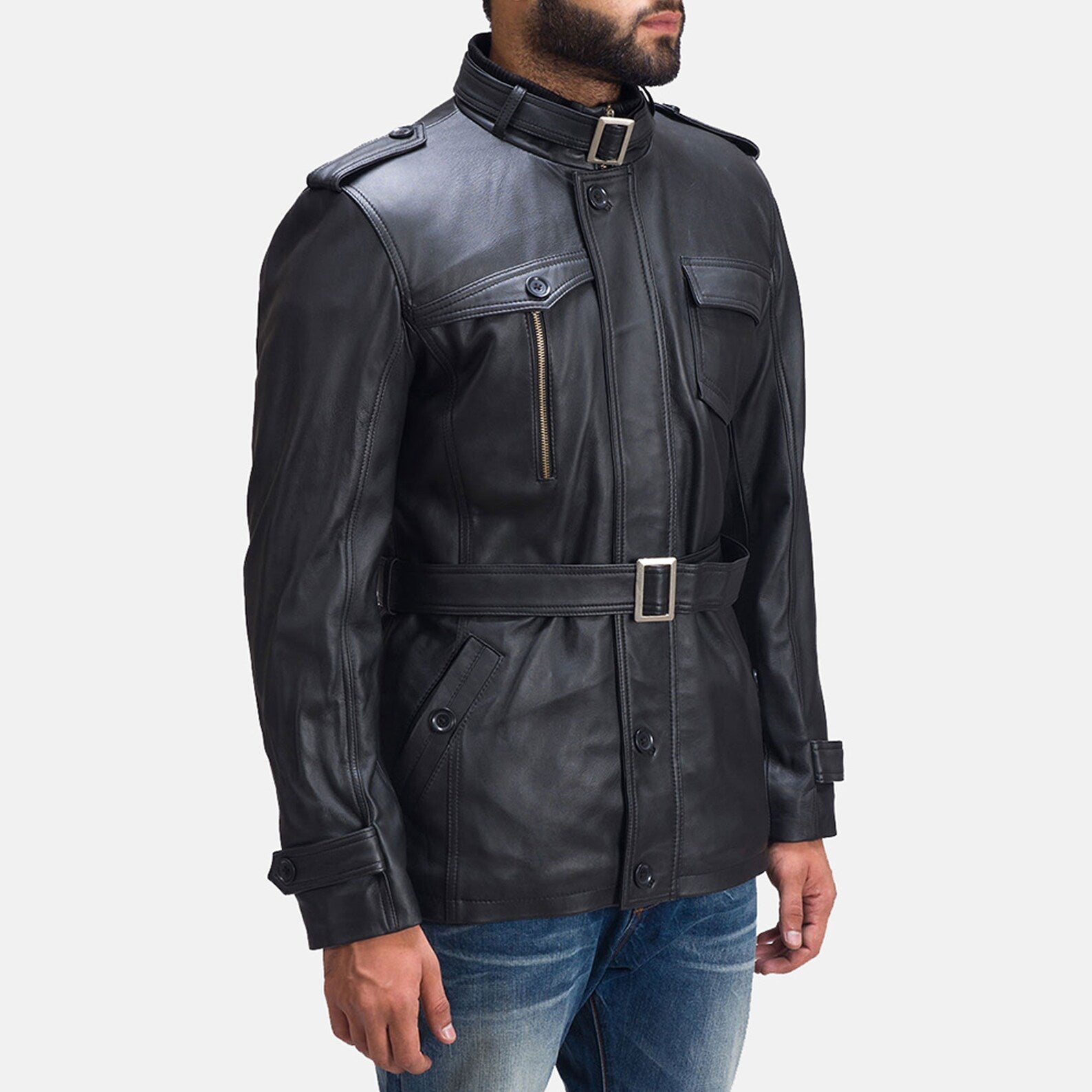 Stylish black leather jacket for men, featuring zippered pockets and a high collar, worn in an urban setting