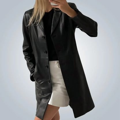 Black Leather Trench Coat Womens Mid Length Button Coat