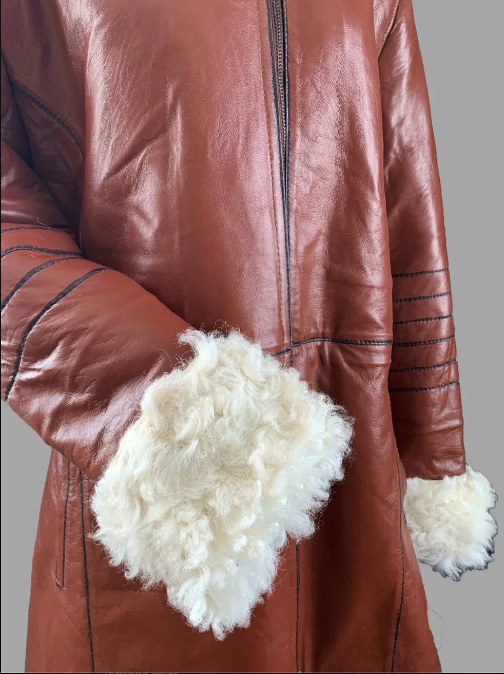 Leather Trench Coat With Fur Trim Womens Long Brown Coat