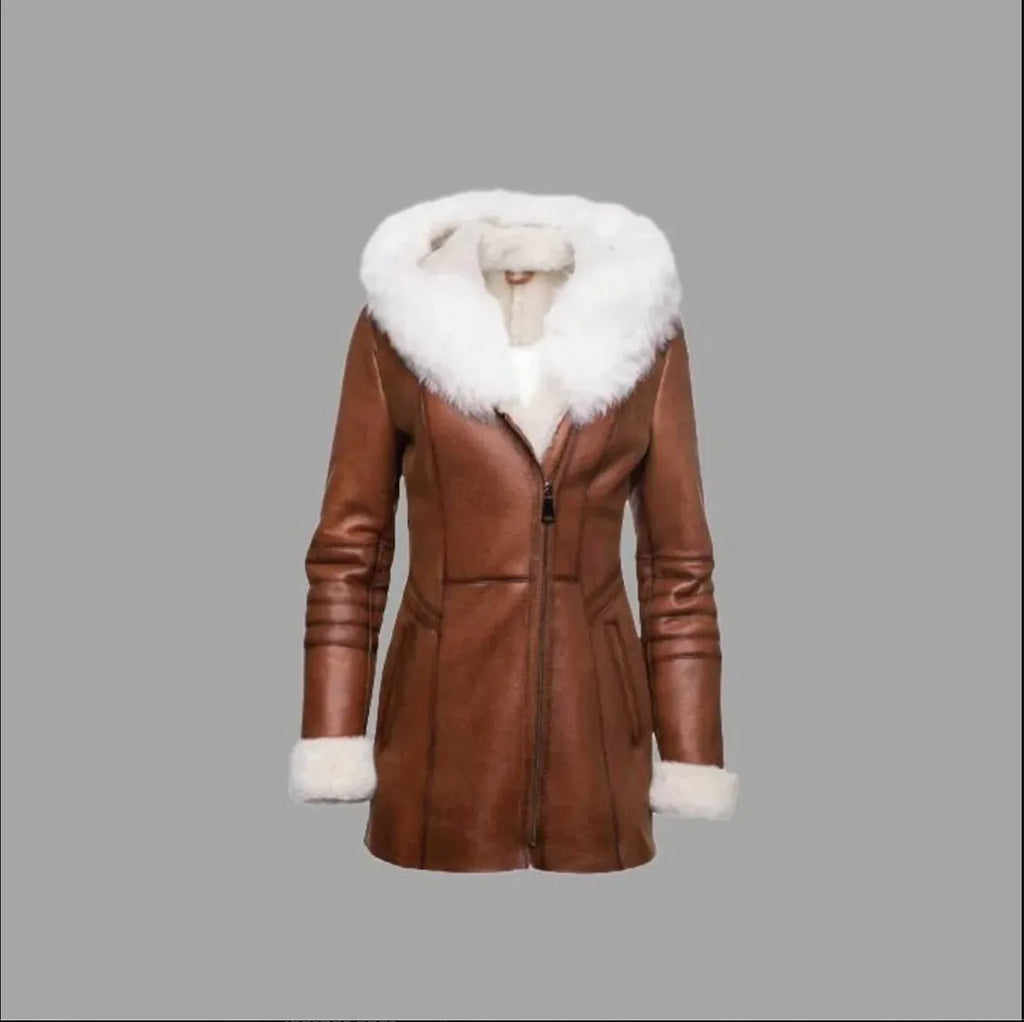 Leather Trench Coat With Fur Trim Womens Long Brown Coat