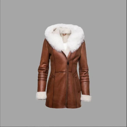 Leather Trench Coat With Fur Trim Womens Long Brown Coat