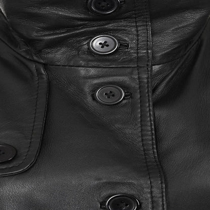 Women Black Leather Genuine Long Coat