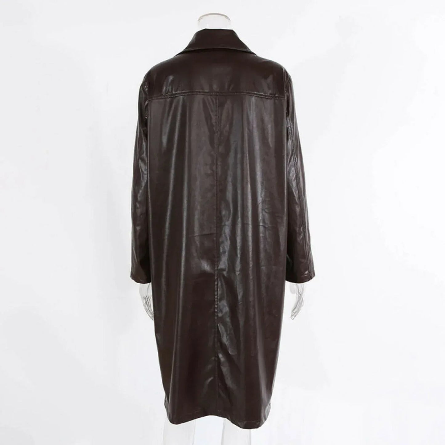 Womens Brown Leather Trench Coat Long Double Breasted