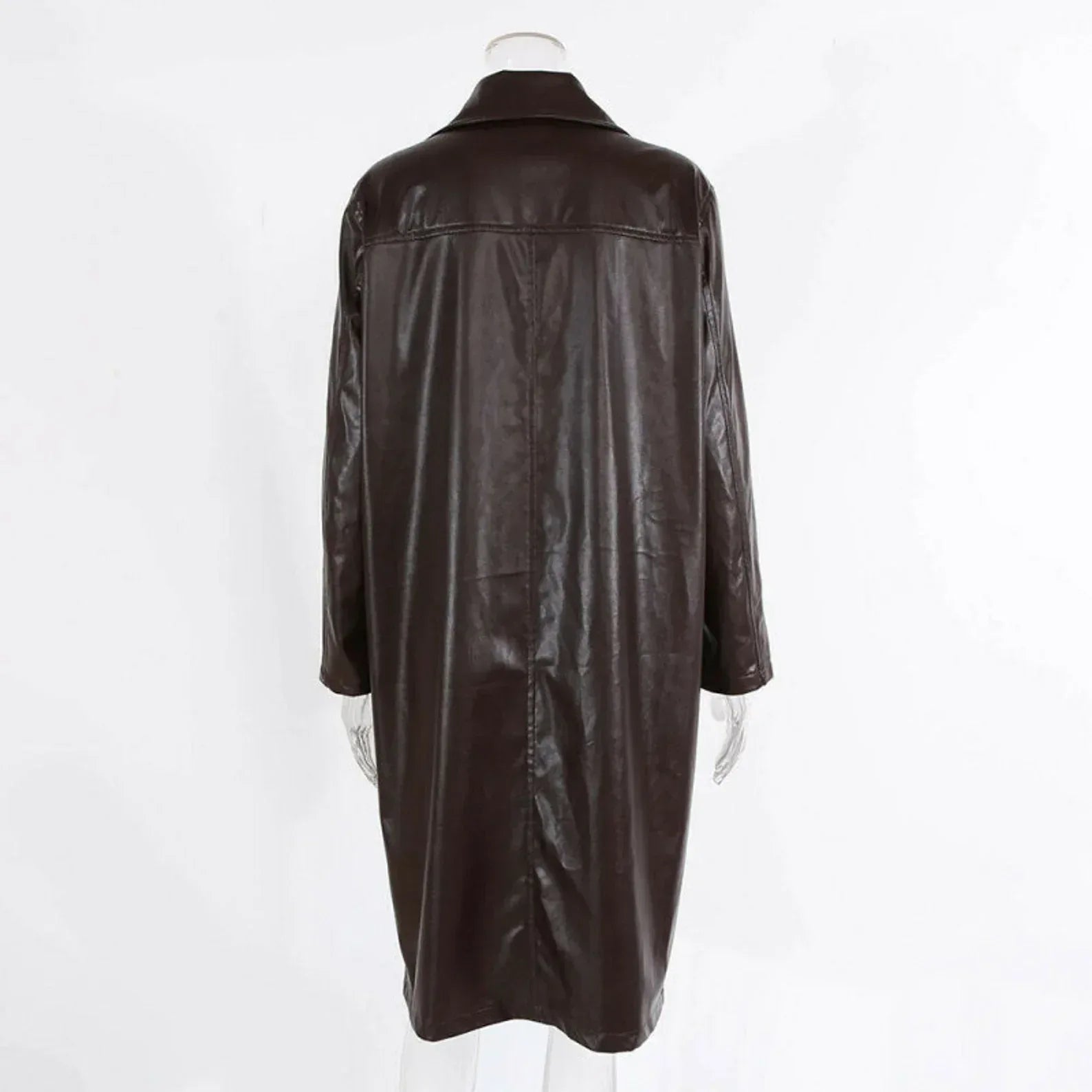 Womens Brown Leather Trench Coat Long Double Breasted