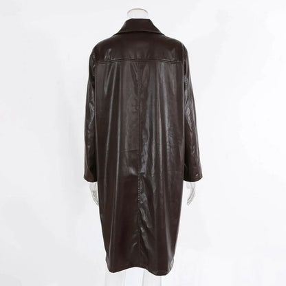 Womens Brown Leather Trench Coat Long Double Breasted