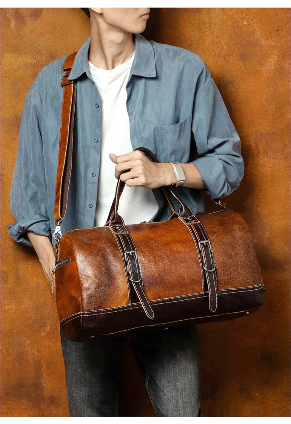 Leather Weekender Bag for Men in Brown Vegetable-Tanned Cowhide
