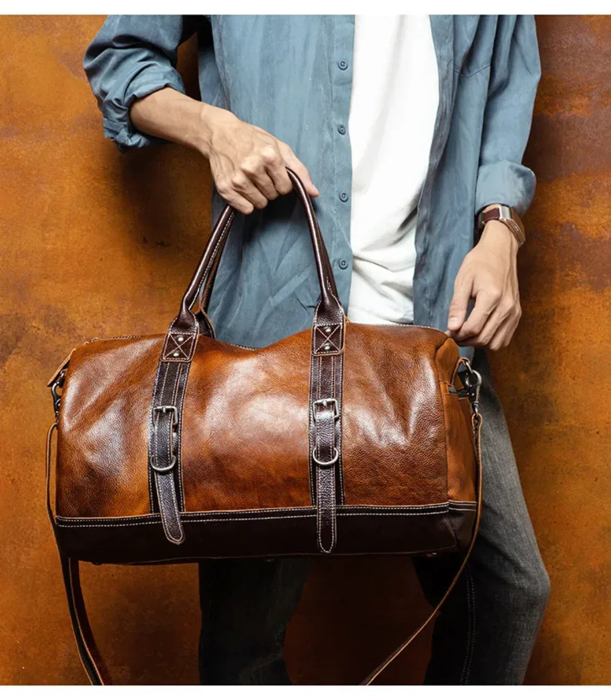 Leather Weekender Bag for Men in Brown Vegetable-Tanned Cowhide