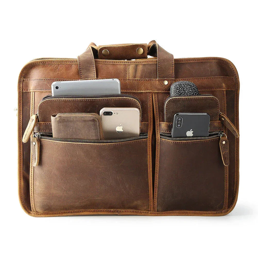 Mens leather briefcase 17 inch laptop bag