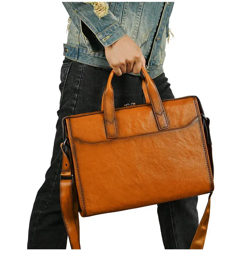 Brown leather messenger bag for men laptop