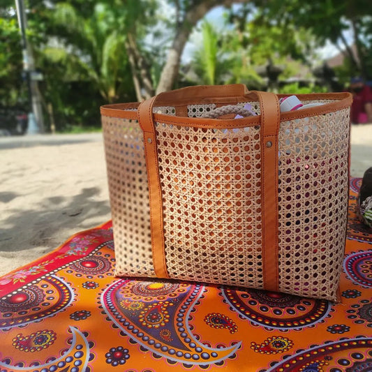 Handmade Cane Woven Rattan and Leather Tote