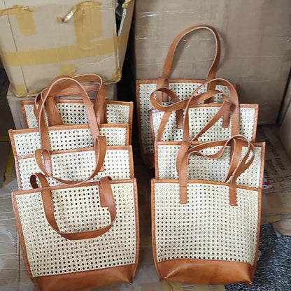 Natural Cane And Real Leather Tote Bag